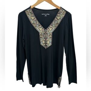 Soft Surroundings Embroidered‎ Boho Blouse Top Black Paisley Trim Long Sleeve S